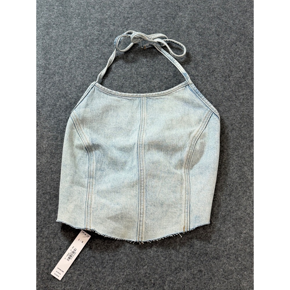 Pink Victoria's Secret Halter Top Women Large Light Wash New Denim Corset Style